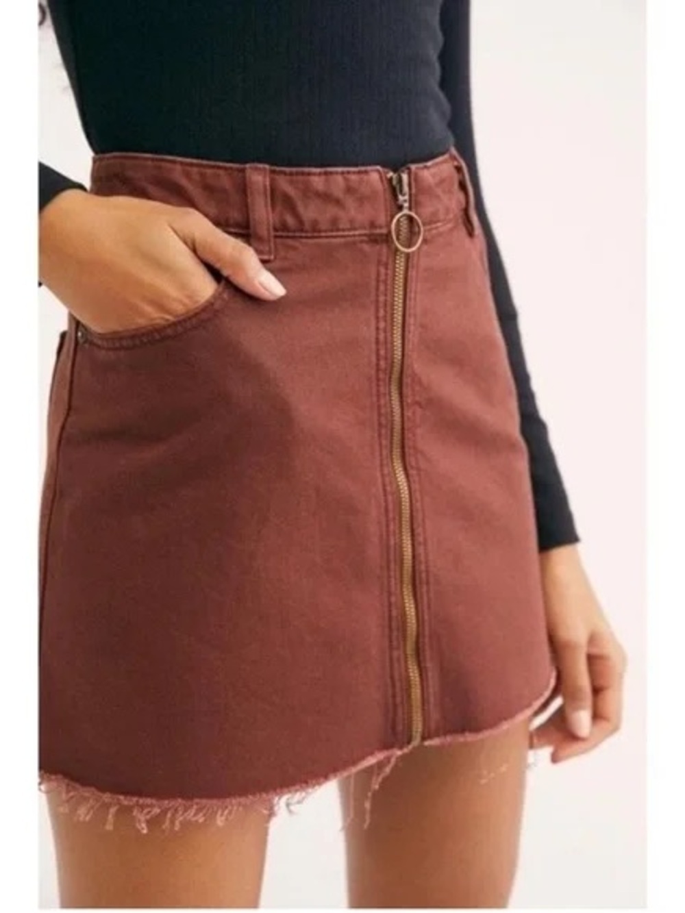 We The Free Rust Brown Front-Zip Raw Hem Mini Skirt